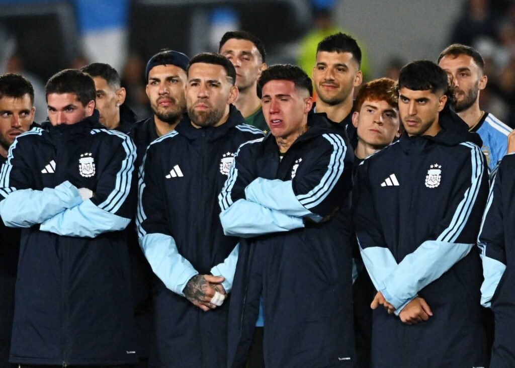Soccer Football - International Friendly - Argentina v Benin - Estadio Monumental, Buenos Aires, Argentina - October 6, 2026 Argentina's Enzo Fernandez reacts during Lionel Messi's farewell celebration following his final international match REUTERS / Rodrigo Valle
